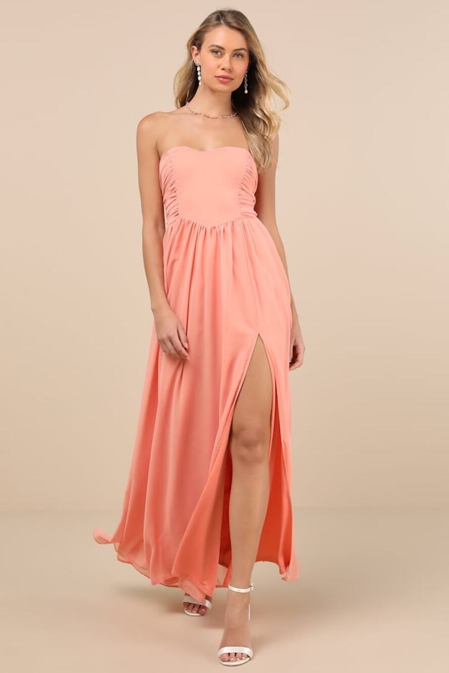 NWT Lulus Luxe Favorite Peach Pink Strapless Ruched Maxi Dress Bridesmaid Size M
